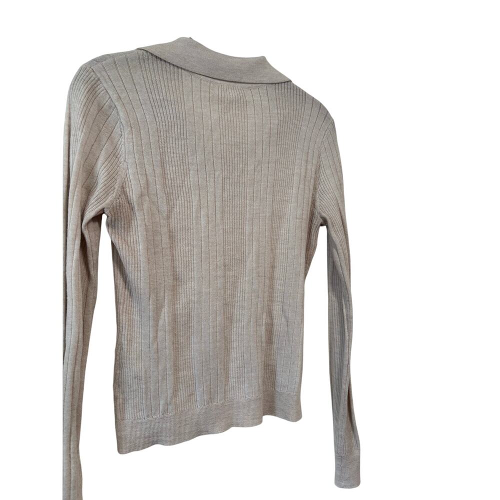 Elie Tahari Women’s Ribbed Knit Collared Polo Sweater Beige Long Sleeve Stretch - Picture 9 of 9